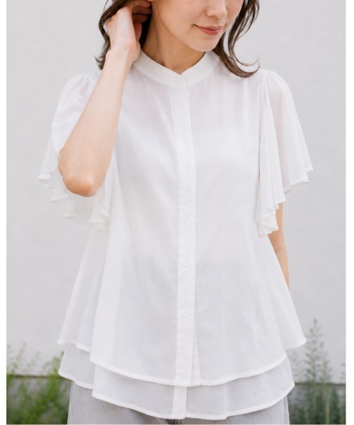 FAZVY(ファズビー)の「ふわりと華やぐ フレアスリーブ半袖シフォンブラウス(シャツ/ブラウス・レディース・グリーン/ベージュ/ホワイト・M/L)」の1枚目の写真