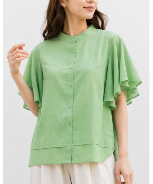 FAZVY(ファズビー)の「ふわりと華やぐ フレアスリーブ半袖シフォンブラウス(シャツ/ブラウス・レディース・グリーン/ベージュ/ホワイト・M/L)」の3枚目の写真