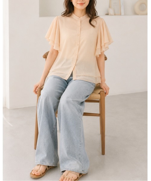 FAZVY(ファズビー)の「ふわりと華やぐ フレアスリーブ半袖シフォンブラウス(シャツ/ブラウス・レディース・グリーン/ベージュ/ホワイト・M/L)」の7枚目の写真