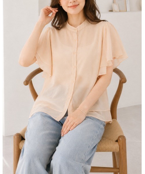 FAZVY(ファズビー)の「ふわりと華やぐ フレアスリーブ半袖シフォンブラウス(シャツ/ブラウス・レディース・グリーン/ベージュ/ホワイト・M/L)」の8枚目の写真