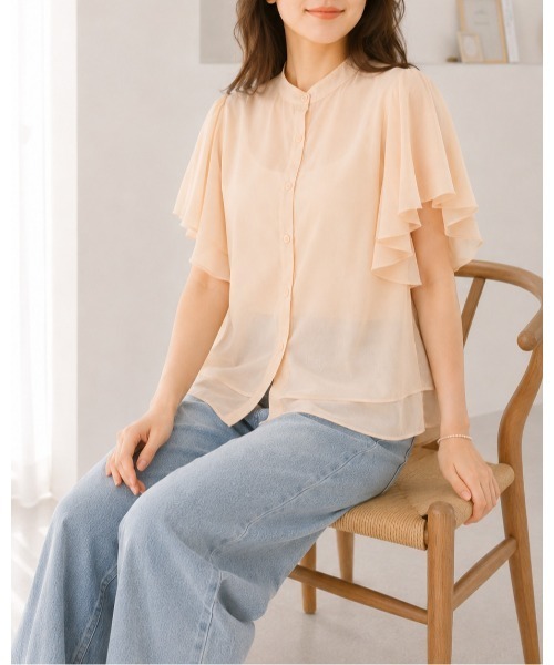 FAZVY(ファズビー)の「ふわりと華やぐ フレアスリーブ半袖シフォンブラウス(シャツ/ブラウス・レディース・グリーン/ベージュ/ホワイト・M/L)」の9枚目の写真