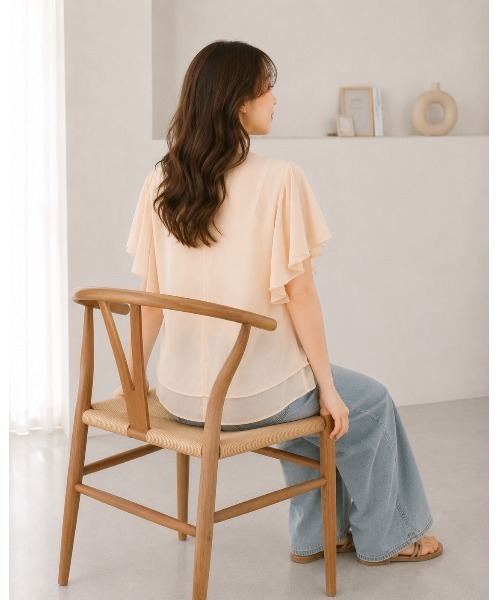 FAZVY(ファズビー)の「ふわりと華やぐ フレアスリーブ半袖シフォンブラウス(シャツ/ブラウス・レディース・グリーン/ベージュ/ホワイト・M/L)」の10枚目の写真