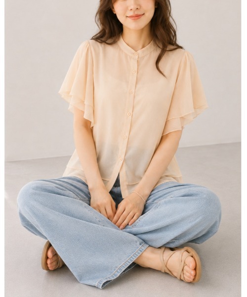 FAZVY(ファズビー)の「ふわりと華やぐ フレアスリーブ半袖シフォンブラウス(シャツ/ブラウス・レディース・グリーン/ベージュ/ホワイト・M/L)」の12枚目の写真