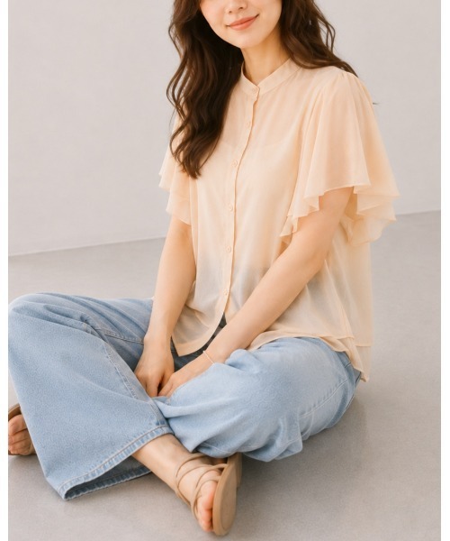 FAZVY(ファズビー)の「ふわりと華やぐ フレアスリーブ半袖シフォンブラウス(シャツ/ブラウス・レディース・グリーン/ベージュ/ホワイト・M/L)」の13枚目の写真