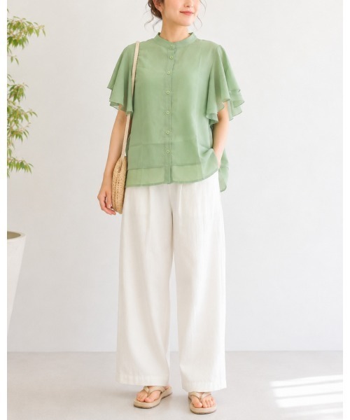 FAZVY(ファズビー)の「ふわりと華やぐ フレアスリーブ半袖シフォンブラウス(シャツ/ブラウス・レディース・グリーン/ベージュ/ホワイト・M/L)」の19枚目の写真