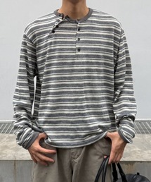 Asymmetry border henley long sleeve (3color) / アシンメトリーボーダーヘンリーネック長袖Tシャツ