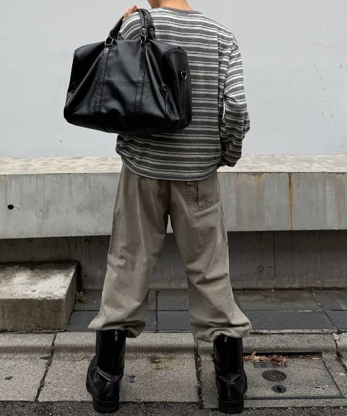 Never mind the XU / Chikashitsu+(ネバーマインド ザ エックスユー / チカシツプラス)の「Asymmetry border henley long sleeve (3color) / アシンメトリーボーダーヘンリーネック長袖Tシャツ(Tシャツ/カットソー・メンズ・ネイビー/カーキ/グレー・ONE SIZE)」の8枚目の写真