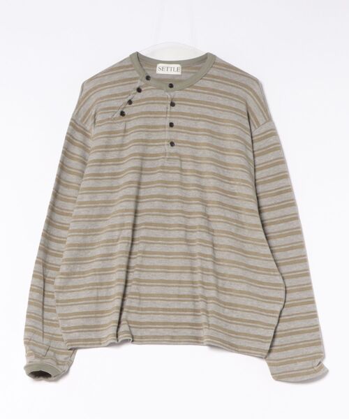 Never mind the XU / Chikashitsu+(ネバーマインド ザ エックスユー / チカシツプラス)の「Asymmetry border henley long sleeve (3color) / アシンメトリーボーダーヘンリーネック長袖Tシャツ(Tシャツ/カットソー・メンズ・ネイビー/カーキ/グレー・ONE SIZE)」の14枚目の写真