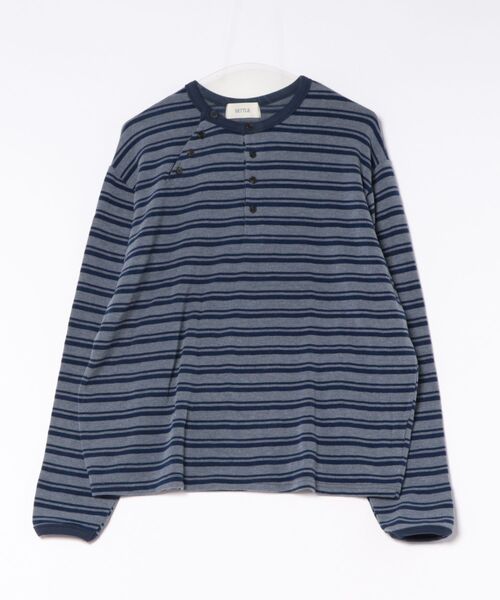 Never mind the XU / Chikashitsu+(ネバーマインド ザ エックスユー / チカシツプラス)の「Asymmetry border henley long sleeve (3color) / アシンメトリーボーダーヘンリーネック長袖Tシャツ(Tシャツ/カットソー・メンズ・ネイビー/カーキ/グレー・ONE SIZE)」の22枚目の写真