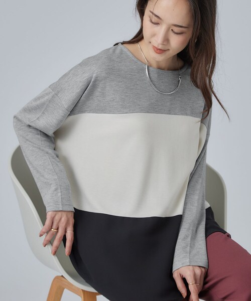 SHOO・LA・RUE(シューラルー)の「【S-LL/洗濯機可】三段切り替え 長袖トップス(Tシャツ/カットソー・レディース・グレー/ボルドー/ブラック・04/03/02/01)」の1枚目の写真