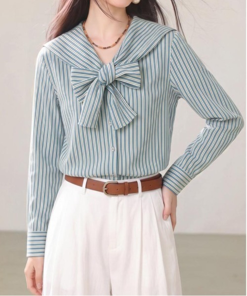 &soiree(アンドソワレ)の「ボウタイストライプ柄長袖ブラウス(シャツ/ブラウス・レディース・ブルー・SMALL/MEDIUM/LARGE/X-LARGE)」の1枚目の写真