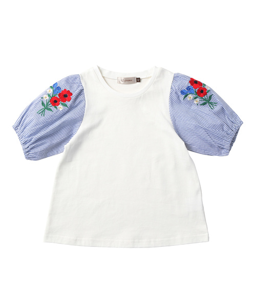 D.fesense（ディーフェセンス）の「【D.fesense /ディーフェセンス】袖フラワー刺繍プルオーバー（Tシャツ/カットソー・キッズ・ブルー/ライム・100cm/110cm/80ｃｍ/90cm）」の4枚目の写真