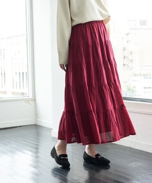 ROPE' PICNIC（ロペピクニック）の「インド綿ボイルティアードスカート（スカート・レディース・ブラック/ダークブラウン/ボルドー/ラベンダー・38）」の4枚目の写真