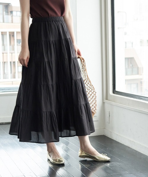 ROPE' PICNIC（ロペピクニック）の「インド綿ボイルティアードスカート（スカート・レディース・ブラック/ダークブラウン/ボルドー/ラベンダー・38）」の2枚目の写真