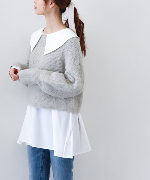 archives（アルシーヴ）の「透かし編みニット×ビッグカラーシャツSET（シャツ/ブラウス・レディース・オフホワイト/グレイッシュベージュ/グリーン系その他・MEDIUM）」の2枚目の写真