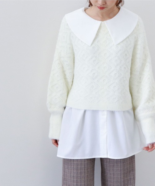 archives（アルシーヴ）の「透かし編みニット×ビッグカラーシャツSET（シャツ/ブラウス・レディース・オフホワイト/グレイッシュベージュ/グリーン系その他・MEDIUM）」の3枚目の写真