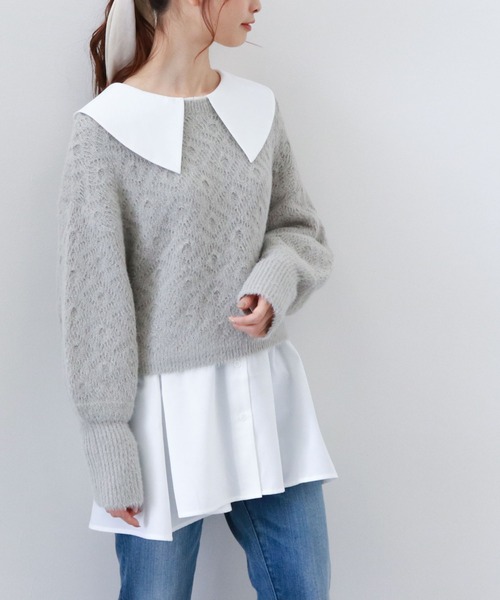 archives（アルシーヴ）の「透かし編みニット×ビッグカラーシャツSET（シャツ/ブラウス・レディース・オフホワイト/グレイッシュベージュ/グリーン系その他・MEDIUM）」の14枚目の写真