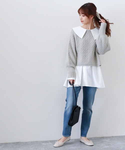 archives（アルシーヴ）の「透かし編みニット×ビッグカラーシャツSET（シャツ/ブラウス・レディース・オフホワイト/グレイッシュベージュ/グリーン系その他・MEDIUM）」の6枚目の写真