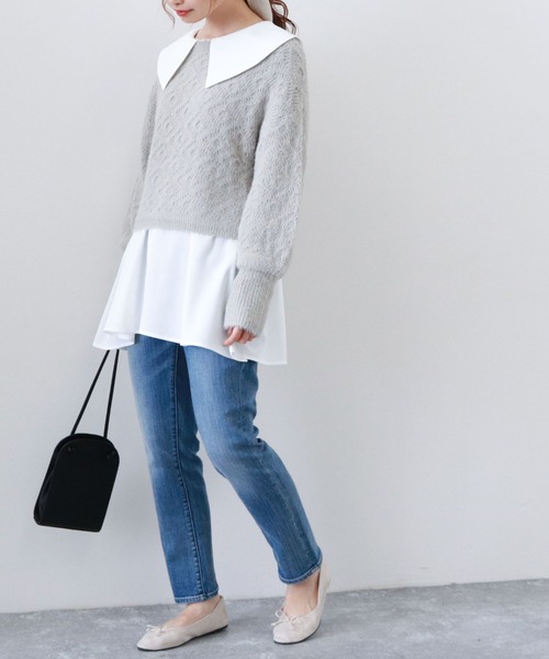 archives（アルシーヴ）の「透かし編みニット×ビッグカラーシャツSET（シャツ/ブラウス・レディース・オフホワイト/グレイッシュベージュ/グリーン系その他・MEDIUM）」の4枚目の写真