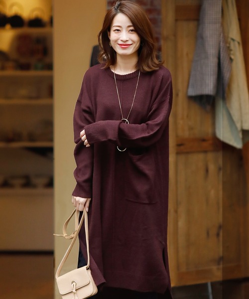 スリットロングニットワンピース（ワンピース）｜ElegChic（エレグシック）