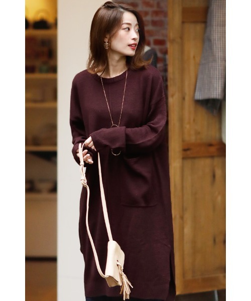 スリットロングニットワンピース（ワンピース）｜ElegChic（エレグシック）