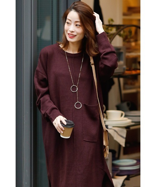 スリットロングニットワンピース（ワンピース）｜ElegChic（エレグシック）