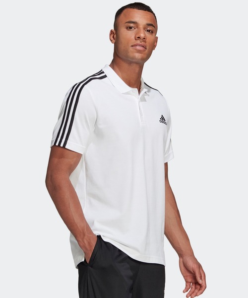 adidas（アディダス）の「AEROREADY エッセンシャルズ ピケ エンブロイダード スモールロゴ 3ストライプスポロシャツ [AEROREADY Essentials Pique Embroidered Small Logo 3-Stripes Polo Shirt] アディダス（ポロシャツ・メンズ・ブラック×ホワイト/ダークネイビー/ホワイト×ブラック・SMALL/X-SMALL/XX-LARGE/LARGE/MEDIUM/X-LARGE/XXX-LARGE）」の4枚目の写真