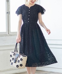 tocco closet | パール釦ハートネックダブルフレアスリーブシアーチェック×ジャガードワンピース(ワンピース)
