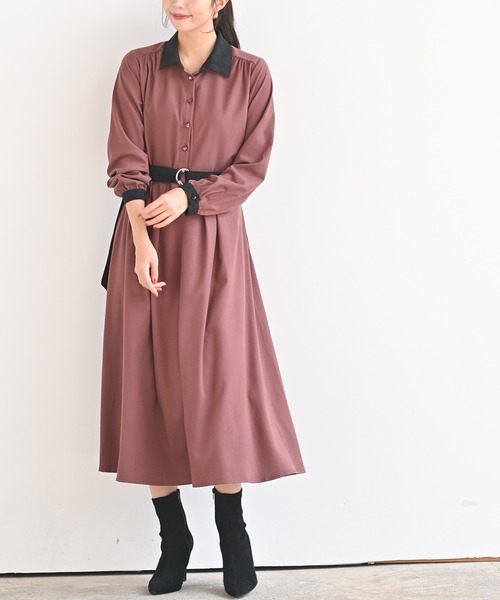 rps（アールピーエス）の「ベルト付きクレリックシャツワンピース（ワンピース・レディース・チャコールグレー/ブラック/ダークグリーン/ピンク/モカ/ブラック系その他2/ボルドー・M/フリー）」の6枚目の写真