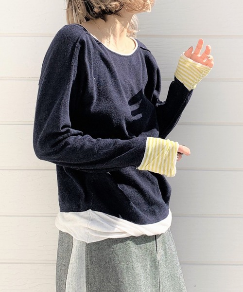 Q（キュー）の「BROS 袖ボーダーニット（ニット/セーター・レディース・ネイビー/アイボリー・MEDIUM）」の2枚目の写真