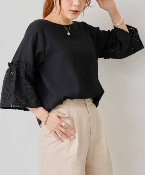 Chez toi（シェトワ）の「カットワークレースフレアスリーブブラウス（シャツ/ブラウス・レディース・イエロー/ブラック/オフホワイト/ブルー・FREE）」の3枚目の写真