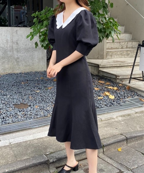 one after another NICE CLAUP（ワンアフターアナザーナイスクラップ）の「襟取り外し可能　クラシカルレディワンピース（ワンピース・レディース・ブラック/ブラック系その他/サックスブルー系・FREE）」の5枚目の写真