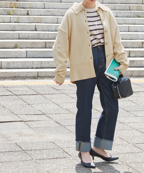 Chaco closet（チャコ クローゼット）の「襟付きボリュームスリーブロングリブオーバーサイズニットカーディガン（カーディガン/ボレロ・レディース・チャコール/イエロー/ネイビー/ライトグリーン/レッド/ピンク/アイボリー・FREE）」の20枚目の写真