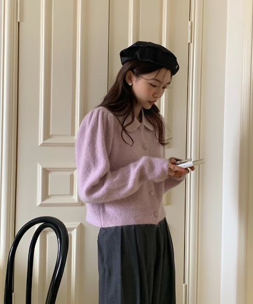 美品★Reneパフスリーブ 半袖 丸襟 ニット セーター フラワーモチーフ38 美人百花掲載》ビジューネックパフスリーブニット【洗える