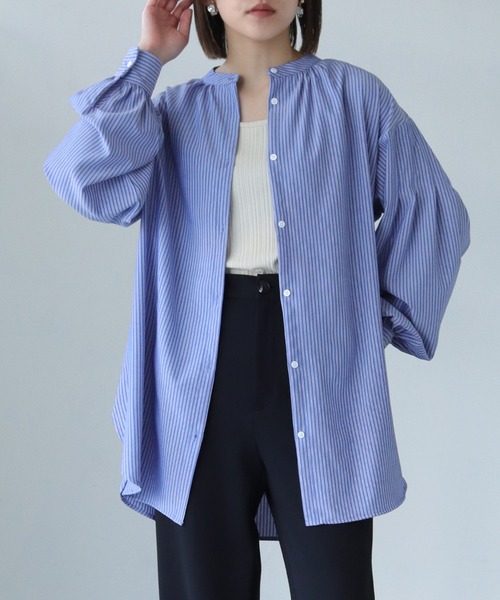 vingtrois（バントロア）の「【Vingtrois】ストライプタックボリュームブラウス（シャツ/ブラウス・レディース・イエロー/ネイビー/ピンク/オフホワイト/サックスブルー・M）」の12枚目の写真