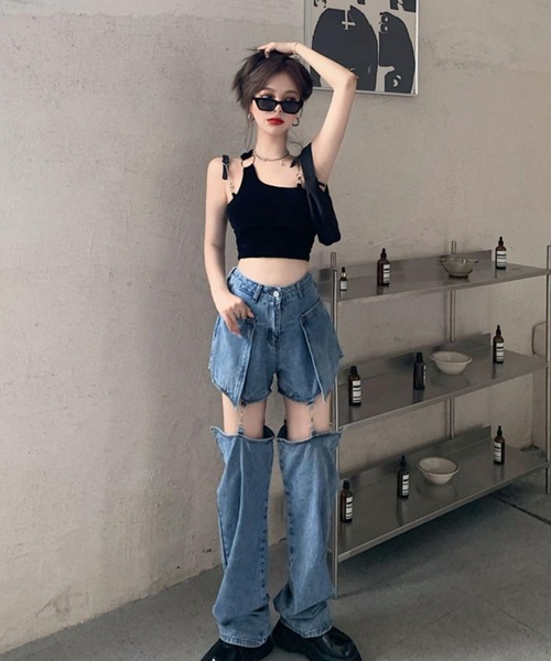 VIBGYOR（ヴィブジョー）の「膝魅せ''2WAY''デニムパンツ(TS)（デニムパンツ・レディース・ブラック/ブルー・MEDIUM/LARGE/X-LARGE）」の12枚目の写真