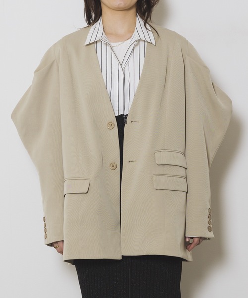 led.tokyo（レッドトウキョウ）の「【led.tokyo】ショルダーコンシャスルーズノーカラージャケット（テーラードジャケット・レディース・ブラック/ベージュ・FREE）」の16枚目の写真