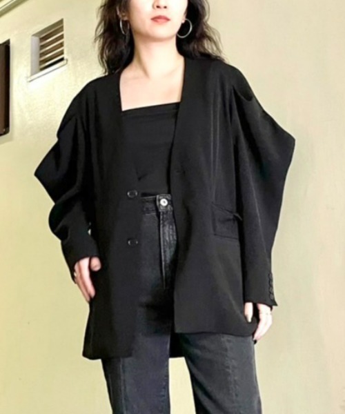 led.tokyo（レッドトウキョウ）の「【led.tokyo】ショルダーコンシャスルーズノーカラージャケット（テーラードジャケット・レディース・ブラック/ベージュ・FREE）」の22枚目の写真