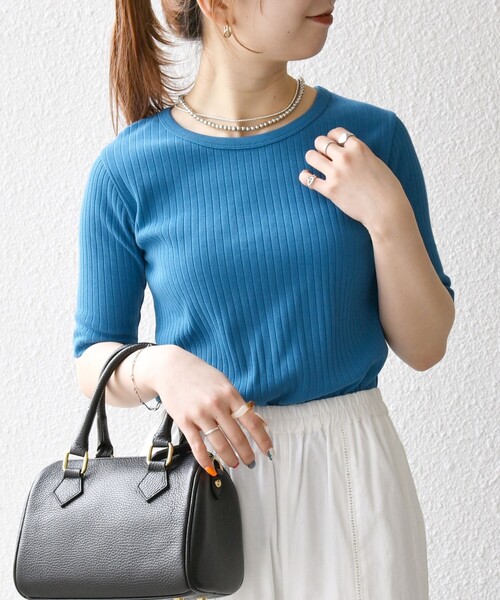 SHIPS any（シップス エニィ）の「SHIPS any:〈洗濯機可能〉テレコ リブ ハーフスリーブ TEE（Tシャツ/カットソー・レディース・ライトイエロー/ホワイト/その他/イエロー/ブラック/ブルー/ブラウン/ロイヤルブルー・ONE SIZE）」の5枚目の写真