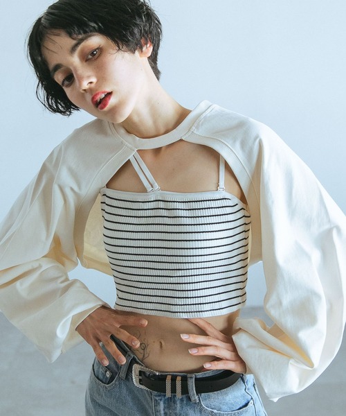 PAGEBOY（ページボーイ）の「ネックストラップカットボレロ（Tシャツ/カットソー・レディース・ブラック/オフホワイト/アクア・FREE）」の2枚目の写真