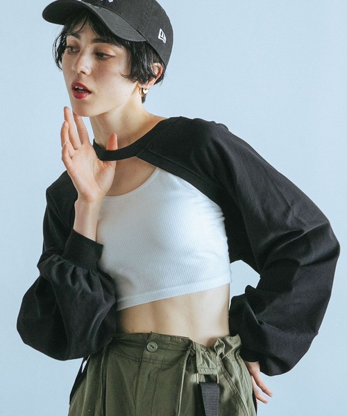 PAGEBOY（ページボーイ）の「ネックストラップカットボレロ（Tシャツ/カットソー・レディース・ブラック/オフホワイト/アクア・FREE）」の3枚目の写真