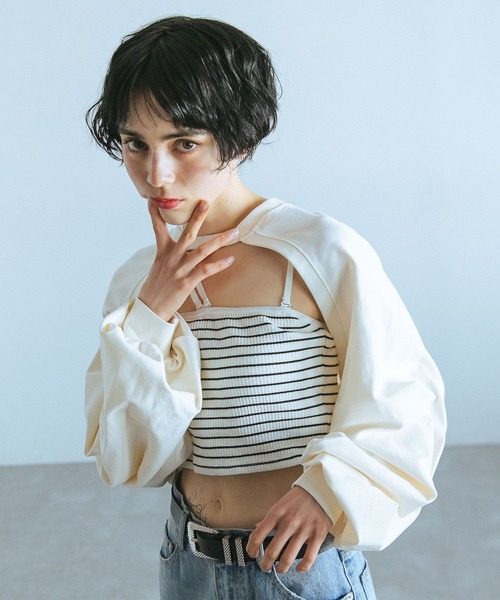 PAGEBOY（ページボーイ）の「ネックストラップカットボレロ（Tシャツ/カットソー・レディース・ブラック/オフホワイト/アクア・FREE）」の4枚目の写真