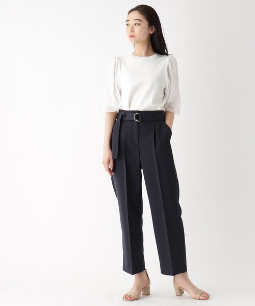 ベルト付きタックストレートパンツ【洗える/イージーケア】