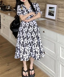 ウエストシャーリング ティアード花柄ワンピース