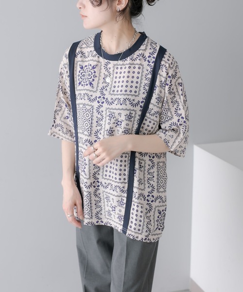 【ear PAPILLONNER】柄パイピングTシャツ【SUM1 STYLE】 ear PAPILLONNER（イアパピヨネ）の「柄パイピングTシャツ【SUM1