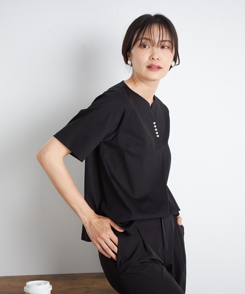 A/C DESIGN BY ALPHA CUBIC(エーシーデザインバイアルファキュービック)の「【UVカット・接触冷感・ナノファイン制菌加工】パールスキッパープルオーバー(Tシャツ/カットソー・レディース・ピンク/ブラック/ブルー・LL/M/L)」の2枚目の写真