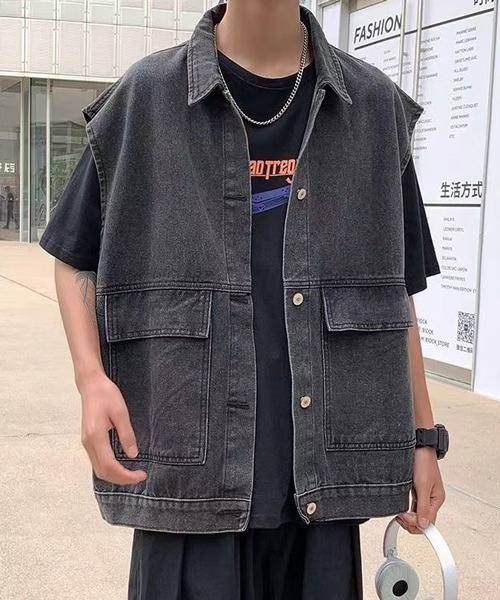 NOWLE（ノウル）の「【NOWLE】ビッグポケット ルーズシルエット デニムベスト（ベスト・メンズ・ブルー/ブラック・MEDIUM/LARGE/X-LARGE）」の2枚目の写真
