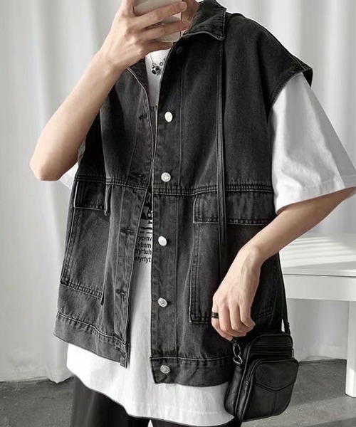 NOWLE（ノウル）の「【NOWLE】ビッグポケット ルーズシルエット デニムベスト（ベスト・メンズ・ブルー/ブラック・MEDIUM/LARGE/X-LARGE）」の9枚目の写真