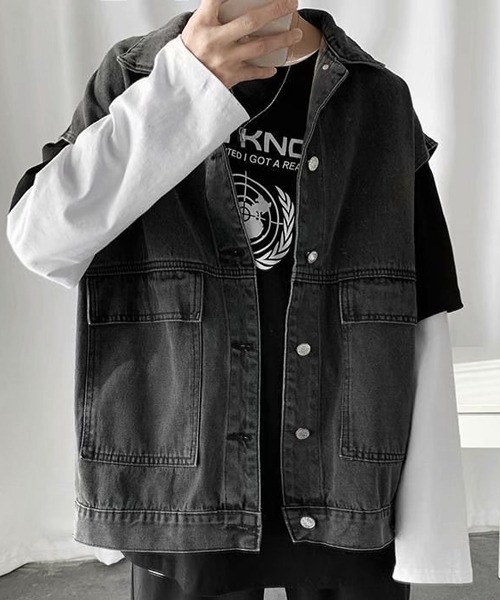 NOWLE（ノウル）の「【NOWLE】ビッグポケット ルーズシルエット デニムベスト（ベスト・メンズ・ブルー/ブラック・MEDIUM/LARGE/X-LARGE）」の7枚目の写真