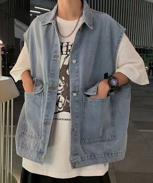 NOWLE（ノウル）の「【NOWLE】ビッグポケット ルーズシルエット デニムベスト（ベスト・メンズ・ブルー/ブラック・MEDIUM/LARGE/X-LARGE）」の6枚目の写真